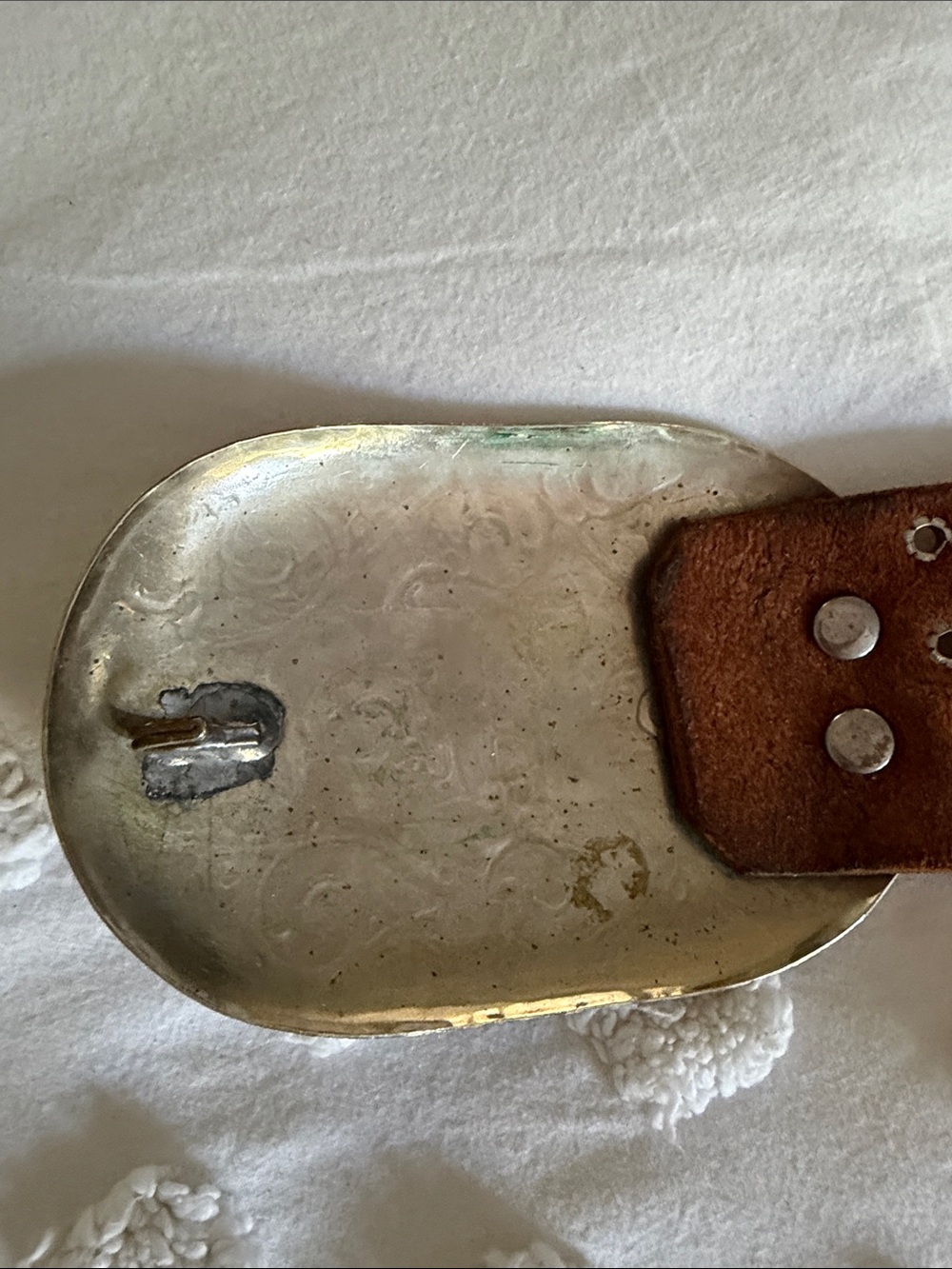 Brown Eyelet Leather Belt with Ornate Silver Buckle. - Picture 4 of 9